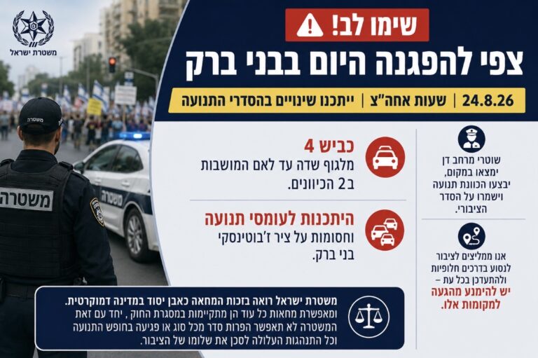 צפי להפגנה בבני ברק: עומסי תנועה וחסימות אפשריות בכביש 4 ובז׳בוטינסקי
