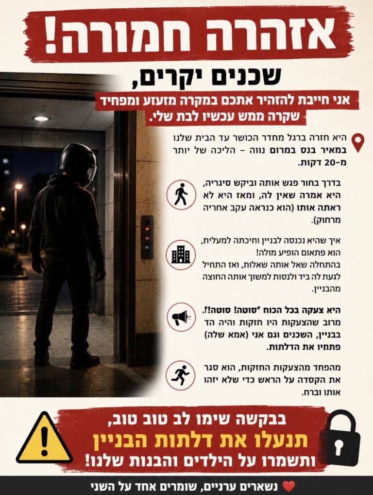 אירוע מפחיד במרום נווה: צעירה טוענת כי גבר עקב אחריה וניסה למשוך אותה מחוץ לבניין